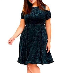 TORRID GREEN VELVET BURNOUT COLD SHOULDER SKATER DRESS